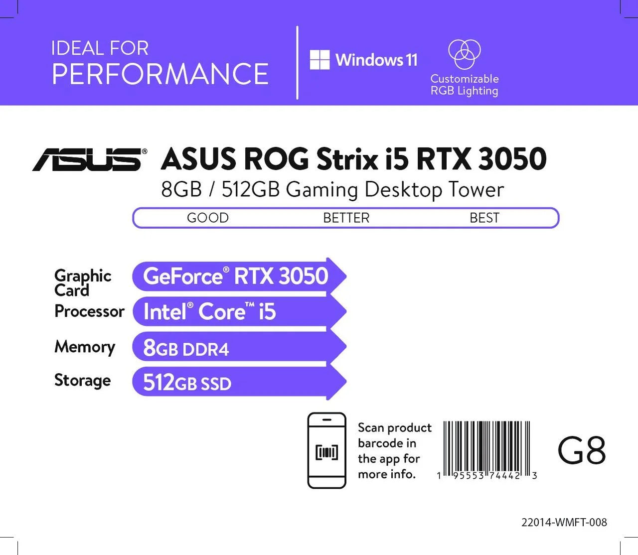 ROG Strix I5 3050 Desktop;  ROG Strix Intel Core I5-11400F, NVIDIA Geforce RTX 3050 Graphics, 8GB RAM, 512GB SSD, Gray, Windows 11 Home, G10CE-WB553
