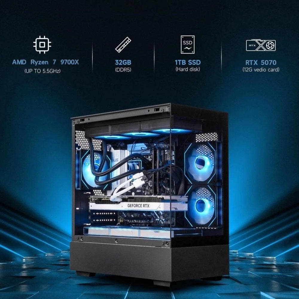 Gaming Desktop PC, AMD Ryzen 7 9700X, NVIDIA RTX 5060 8G , 32GB Ddr5, 1TB SSD, Windows 11 Home