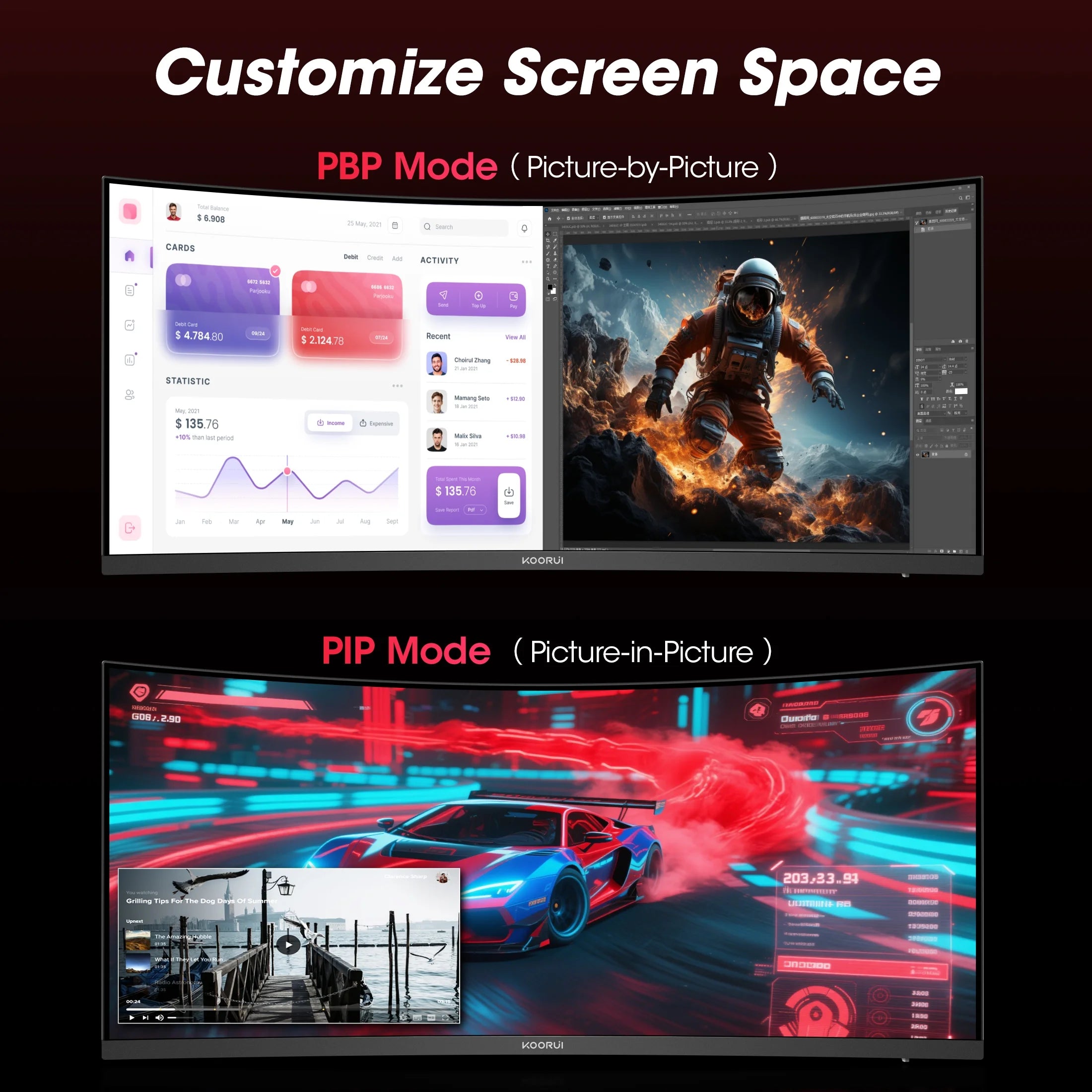 34'' Ultrawide 4K Curved Gaming Monitor, 165Hz WQHD HDMI Display Port, Black